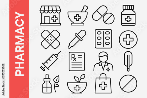 Pharmacy Line Icon Set: Modern Medicine, Healthcare & Prescription Vectors