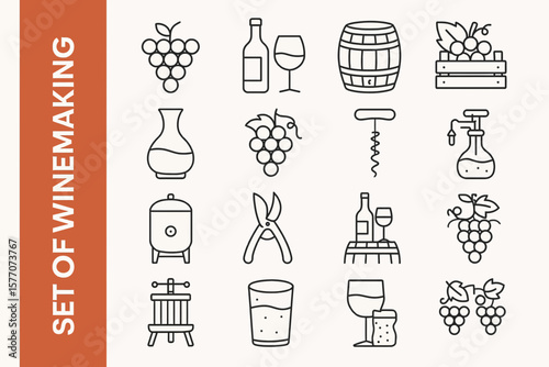 Winemaking Line Icons: Modern Winery, Vineyard & Wine Production Vectors