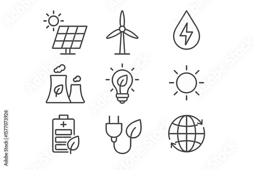 Renewable Energy Line Icons: Eco-Friendly Power & Sustainable System Vectors