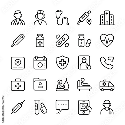 Collection of Thirty Black Linear Medical Icons Doctor Nurse Hospital Stethoscope Syringe Pills Thermometer Blood Pressure Medicine Healthcare Symbols