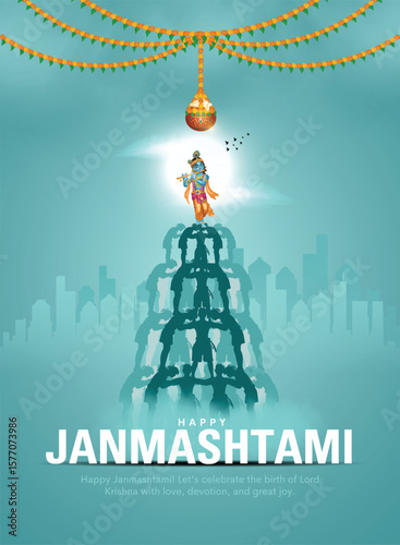 Dahi handi Indian festival of lord Krishna Janmashtami, Govinda pyramid theme celebration design.