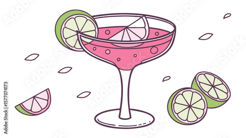 Pink cocktail drink with lime garnish illustration for summer party and bar promotions design element