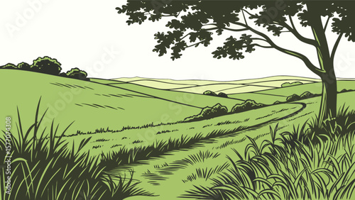 Landscape illustration of green fields with tree and grass vector art design for nature backgrounds and scenery