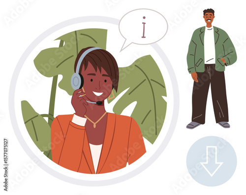 Woman with headset in call center aiding queries near information symbol. Man in casual attire standing. Ideal for support, communication, assistance, consulting, professionalism, customer care