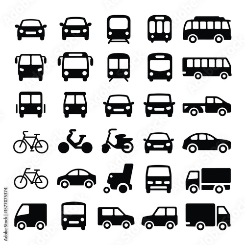 Collection of Thirty Black Silhouette Icons Depicting Various Modes of Transportation Including Cars Buses Trains Trucks Bicycles and Scooters on White Background