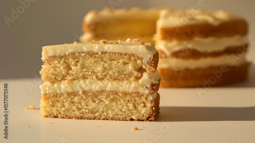 Close Up of Vanilla Cake Slice with Creamy Frosting and Nuts