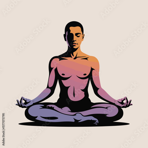 Vector Style Illustration of a Shirtless Man Meditating in a Lotus Position with Warm and Cool Color Gradient on a Light Beige Background