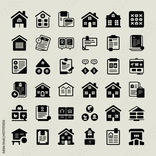 Collection of Thirty Six Black Real Estate and Home Related Glyph Icons on Light Gray Background 1