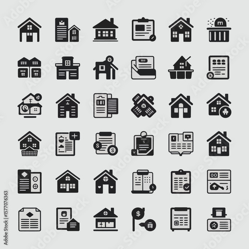 Collection of Thirty Six Black Real Estate and Home Related Glyph Icons on Light Gray Background