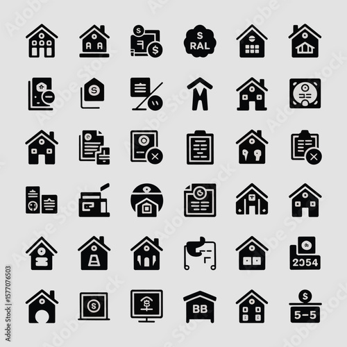 Collection of Thirty Six Black Real Estate and House Glyph Icons on Light Gray Background home
