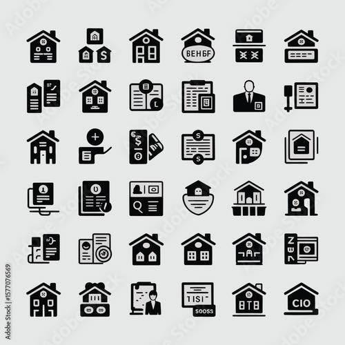 Collection of Thirty Six Black Real Estate and Property Icons on Light Gray Background Simple Solid Glyph Style House Building Home Rent Sale Agent Document Contract Key
