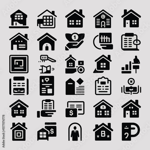 Collection of Thirty Six Black Real Estate Home House Property Icons on Light Gray Background Simple Glyph Style