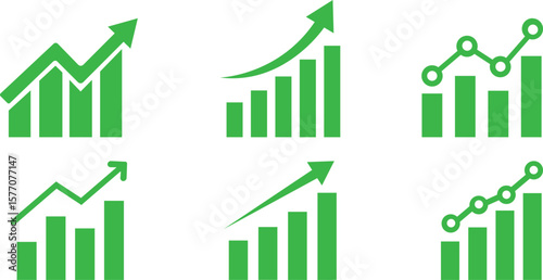 Growing Graph icon set.A dynamic illustration featuring a rising chart with arrow, business bar sign, and progress bar symbol, representing success and profit growth. Ideal for apps, websites.