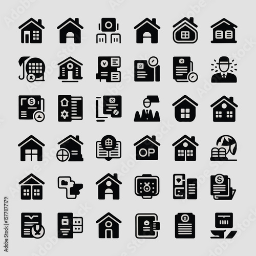 Collection of Thirty Six Black Solid Glyph Real Estate House Property Icons on Light Gray Background