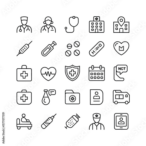 Collection of Twenty Five Black Linear Medical Icons on White Background Including Doctors Nurses Stethoscope Hospital Buildings Pills Syringes Heartbeat First Aid Kits