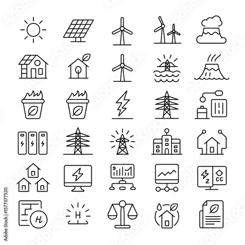 Collection of Thirty Six Linear Style Black Icons Depicting Renewable Energy Sources Sustainable Living Energy Efficiency and Environmental Conservation Concepts Including