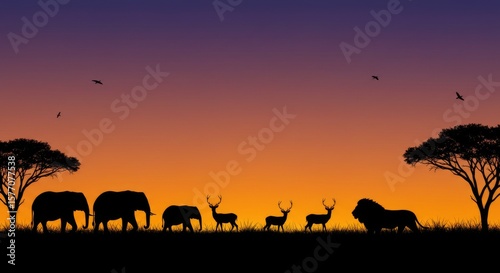 Silhouettes of wild animals (elephants, deer, lions) in the sunset savanna with orange to purple gradient