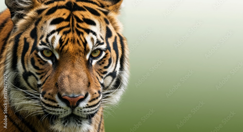 Fototapeta premium Close-up of an endangered tiger species against a soft green to white gradient background.