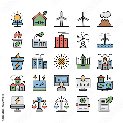 Colorful Collection of Renewable Energy Icons Featuring Solar Panels Wind Turbines Hydropower Geothermal Power and Smart Grid Technology Illustrations