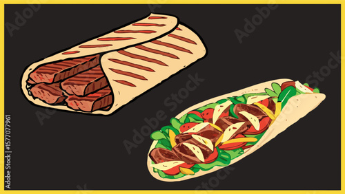 Delicious shawarma kebab and taco vector illustration for fast food restaurants and food delivery services