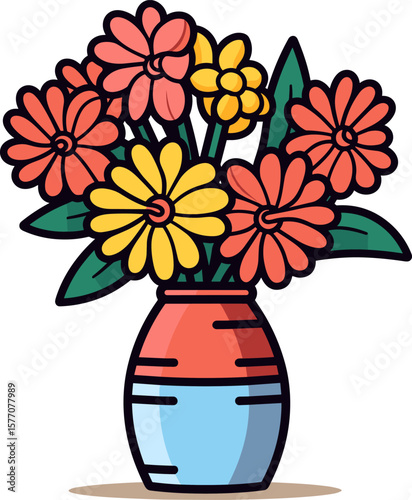 Vibrant Floral Bouquet in Vase: Cheerful Botanical Illustration