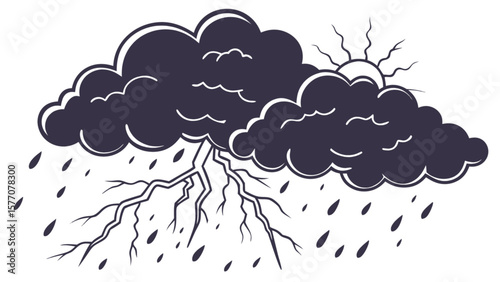 Illustration of storm clouds with lightning and rain for weather forecast and nature related designs and graphics