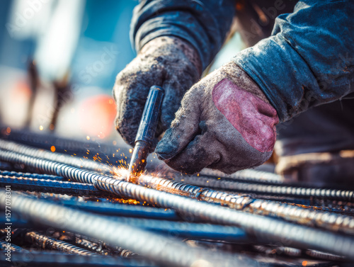 Metal reinforcement welding process with sparks flying in an industrial setting