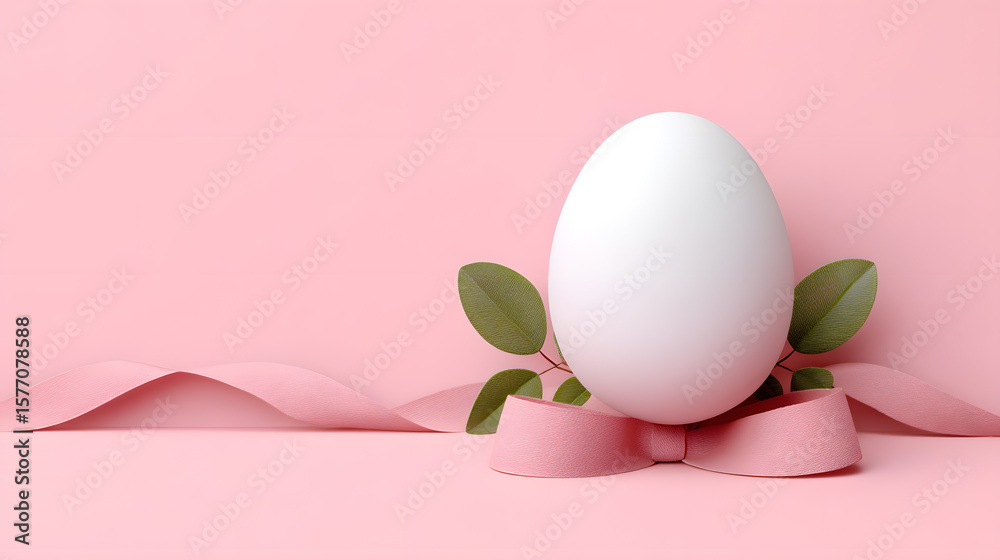 Fototapeta premium Simple white Easter egg with leaves and soft pink cloth on a pink background. Perfect for minimalist spring visuals and holiday branding.