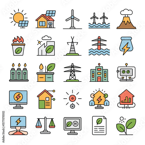 Colorful Collection of Renewable Energy Icons Solar Panels Wind Turbines Hydropower Geothermal Power Biofuel Smart Grid Energy Efficiency Icons