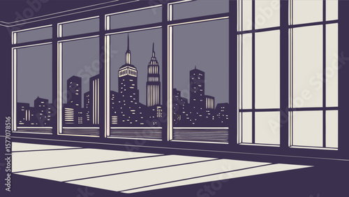Cityscape view from window illustration, night city skyline building architecture urban scene drawing art 100