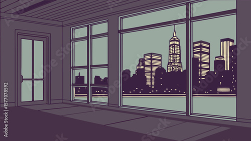 Cityscape view from modern apartment window illustration at night urban skyline building architecture design
