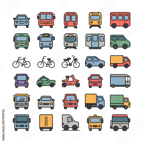 Colorful Collection of Transportation Icons Featuring Cars Buses Trains Bikes Trucks and More in a Flat Line Art Style
