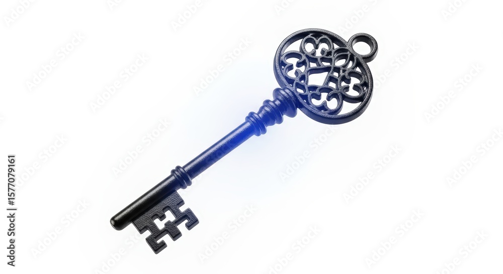 Obraz premium Vintage ornamental magic key with a blue glow isolated on a white background in a minimal style 