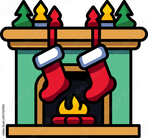 Festive Christmas Fireplace with Stockings and Trees Illustration