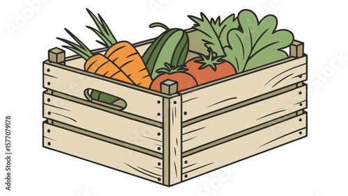 Fresh vegetables in wooden crate vector illustration for farm fresh produce and healthy eating concept