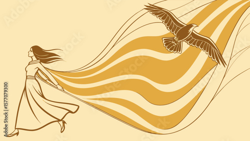 Woman running with eagle soaring freedom illustration vector design template for graphic design projects