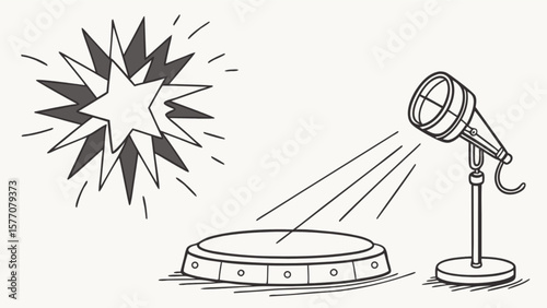 Stage spotlight with starburst background drawing for performance art and entertainment design concept