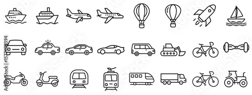 Vector set of outline black and white icons transportation types - car, ship, airplane, rocket, train, bicycle. Infographics, apps, education, and travel design.