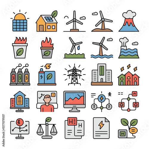 Colorful Icons Set Representing Renewable Energy Sources Sustainable Power Generation Environmental Conservation and Energy Efficiency Solutions