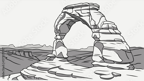 Delicate arch utah landscape drawing scenic view of natural rock formations in desert environment illustration