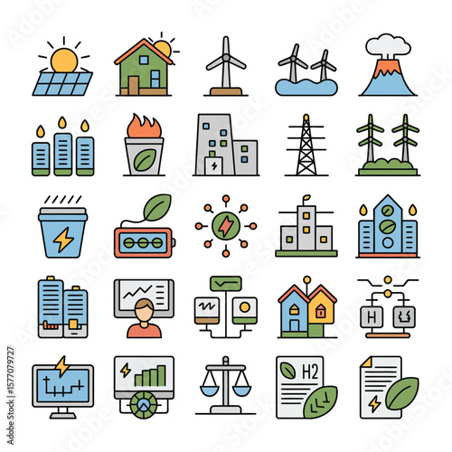 Colorful Line Icons Set Illustrating Renewable Energy Sources Sustainable Energy Solutions Green Technology Environmental Conservation Eco Friendly Power Generation Solar Wind Power