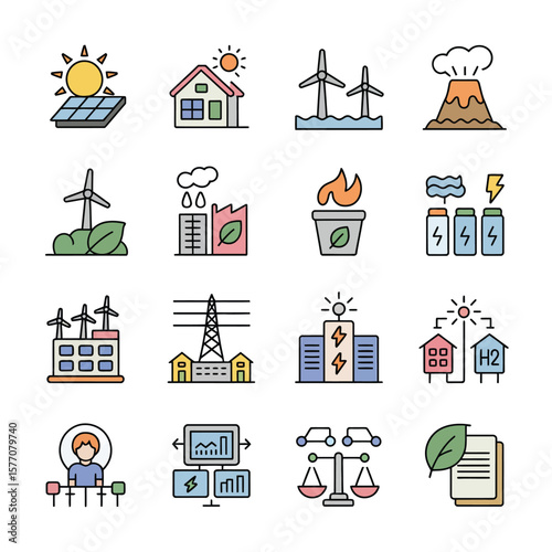 Colorful Line Icons Set Illustrating Renewable Energy Sources Solar Panels Wind Turbines Geothermal Energy Hydropower Biofuel Hydrogen Power Smart Grid Energy Efficiency Data