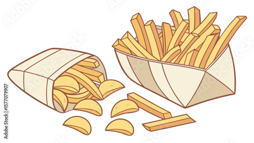 Delicious french fries potato chips fast food snack crispy golden fried potatoes in paper bag and container
