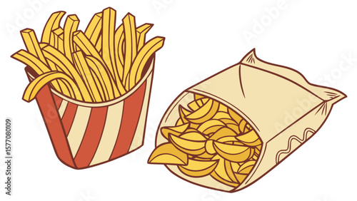 Crispy french fries in striped container and bag delicious fast food snack for lunch and dinner 100 char