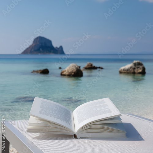  open book rests on a white table by clear turquoise waters, with rocky islets and a distant island creating a serene reading paradise