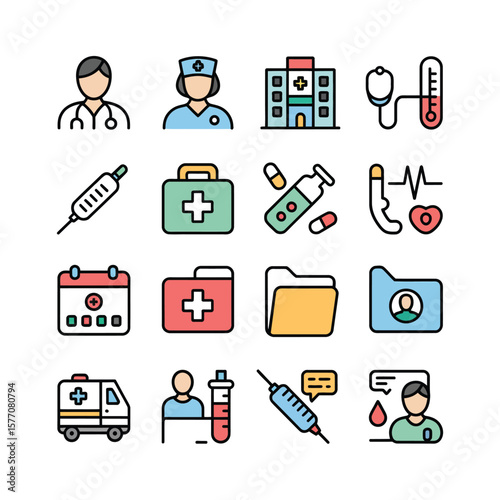 Colorful Medical Icons Set Healthcare Symbols Doctor Nurse Hospital Ambulance First Aid Kit Syringe Pills Stethoscope Thermometer Blood Test Patient File Calendar