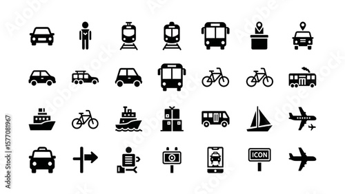 Transportation and Vehicle Icon Set – Car, Train, Bus, Bicycle, Boat, Airplane, Travel and Transit Glyph Vector


