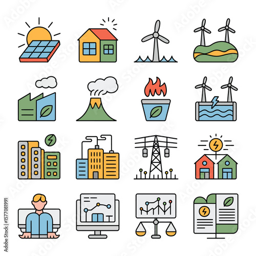 Colorful Vector Icons Set Depicting Renewable and Non Renewable Energy Sources Power Generation Buildings Data Analysis and Environmental Sustainability Concepts Featuring