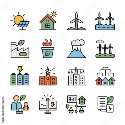Colorful Vector Icons Set Depicting Renewable and Non Renewable Energy Sources Power Generation Sustainable Energy Solutions and Eco Friendly Technologies Energy Efficiency
