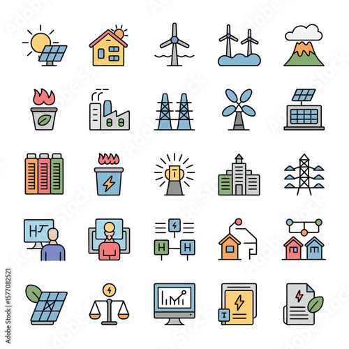 Colorful Vector Icons Set Illustrating Renewable and Non Renewable Energy Sources Power Generation Transmission Smart Grid Technologies Energy Efficiency Monitoring and
